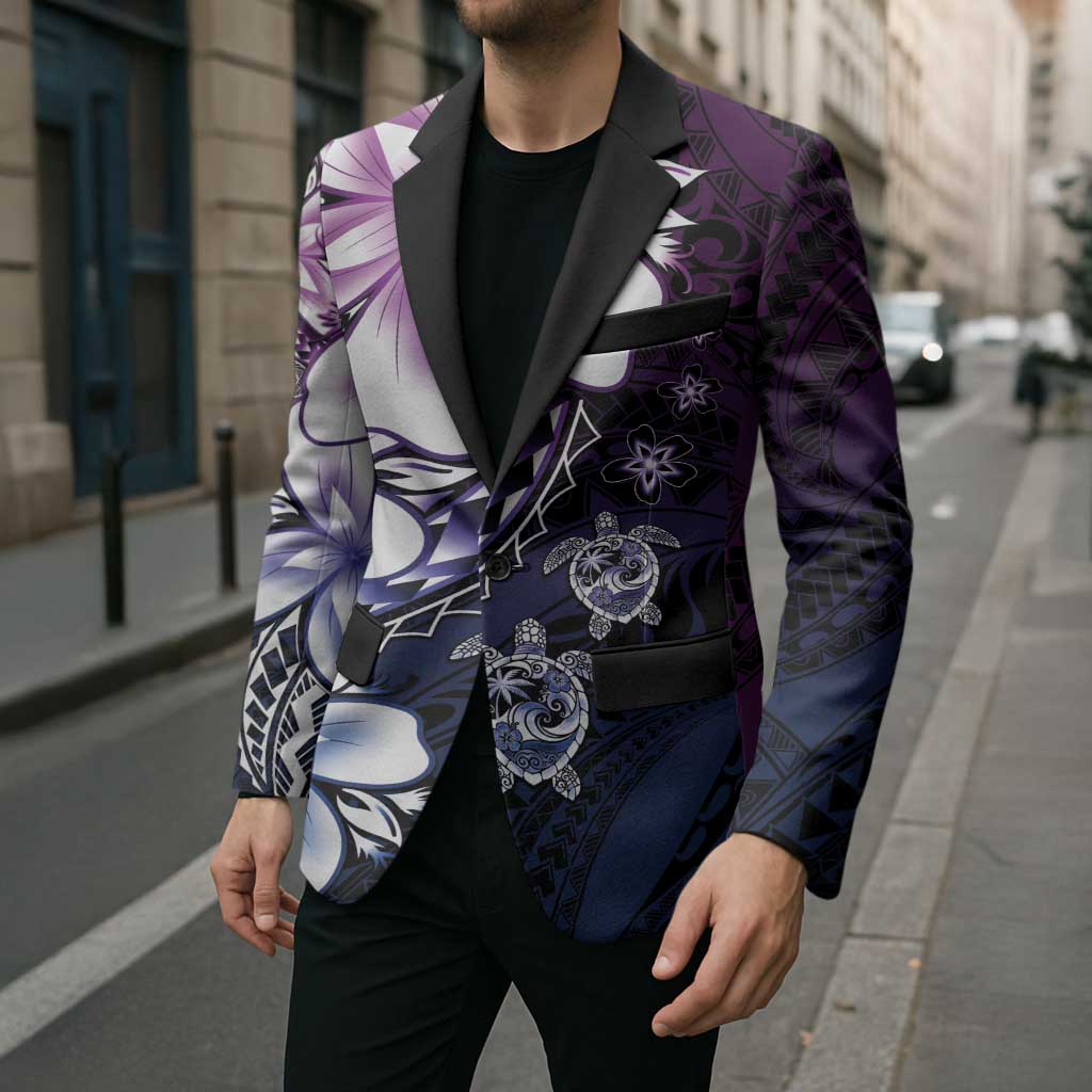 Polynesia Romantic Valentine Blazer Sea Turtle Couple With Purple Gradient Plumeria