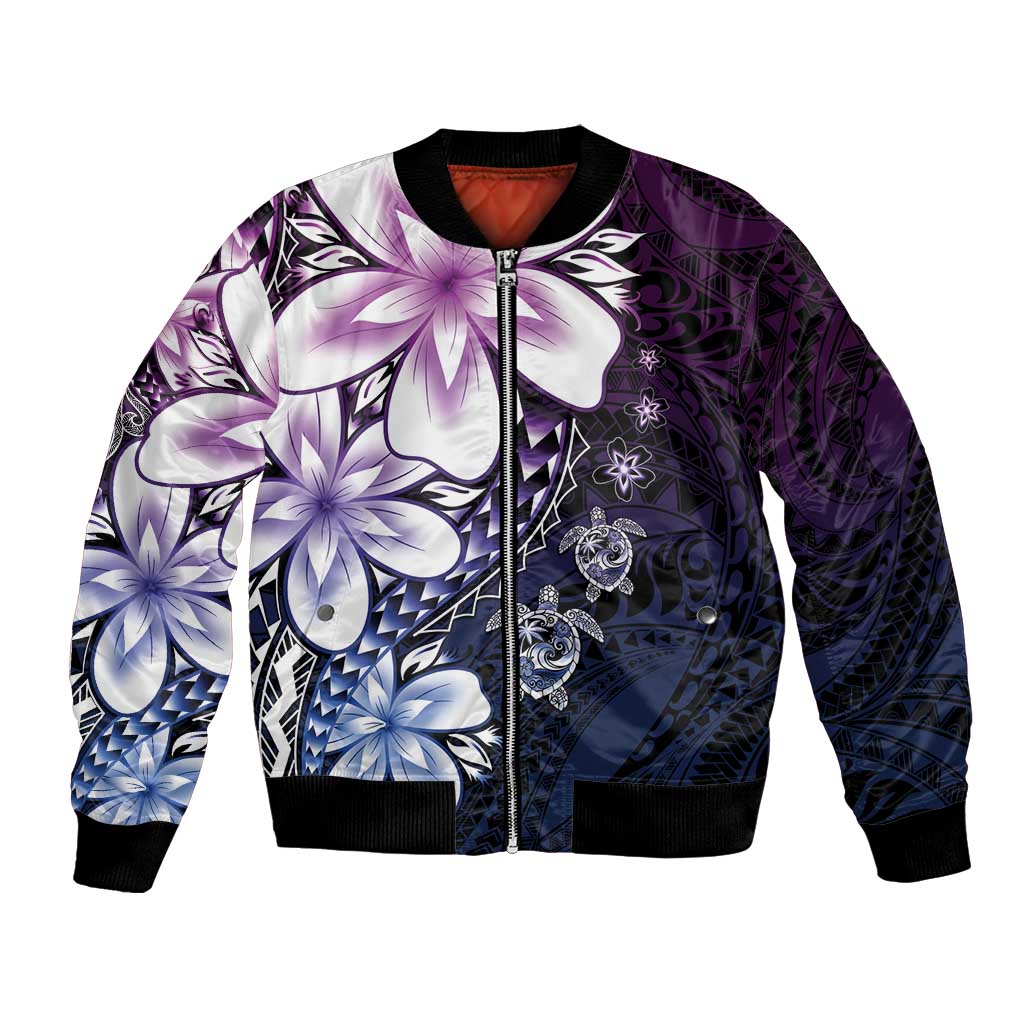 Polynesia Romantic Valentine Bomber Jacket Sea Turtle Couple With Purple Gradient Plumeria