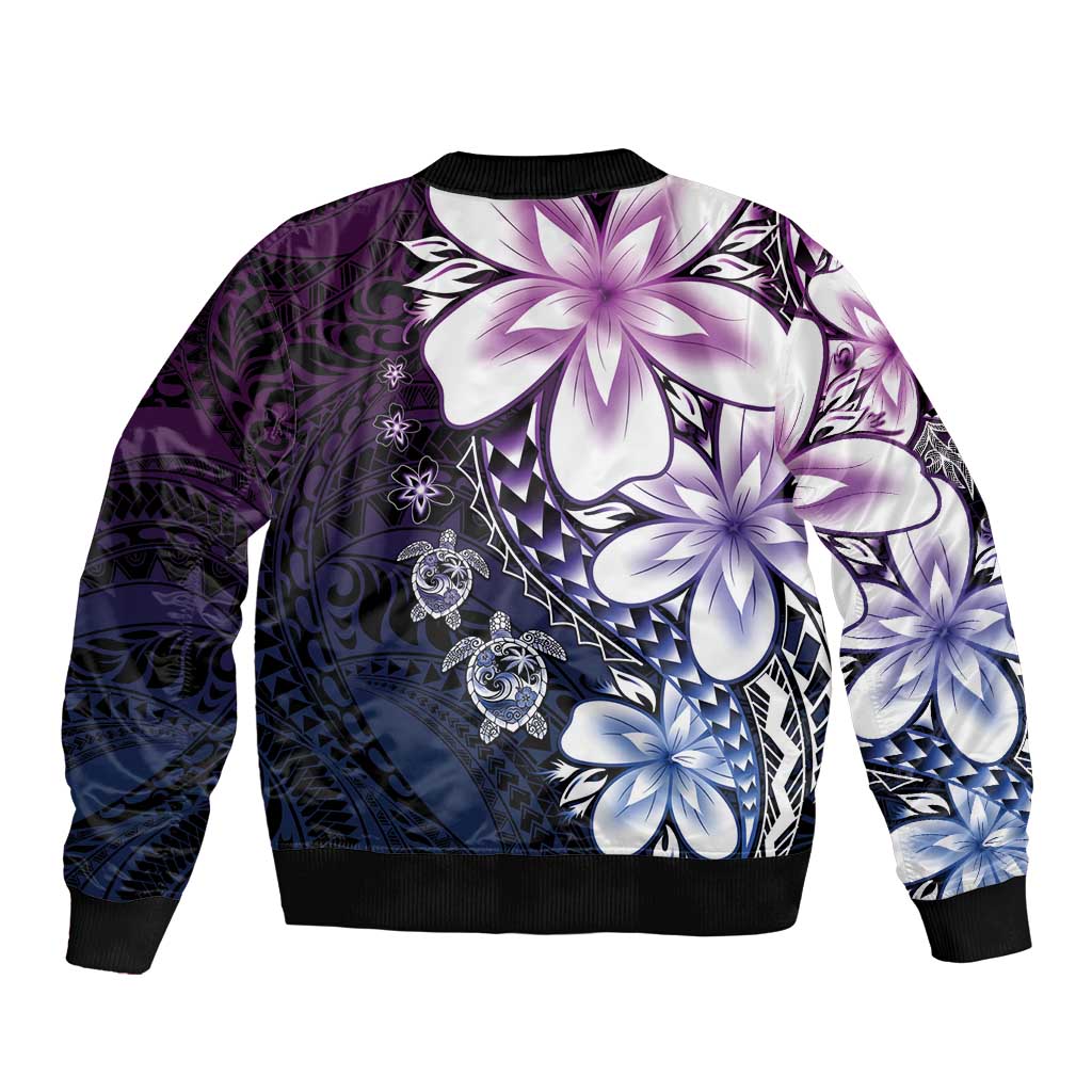 Polynesia Romantic Valentine Bomber Jacket Sea Turtle Couple With Purple Gradient Plumeria