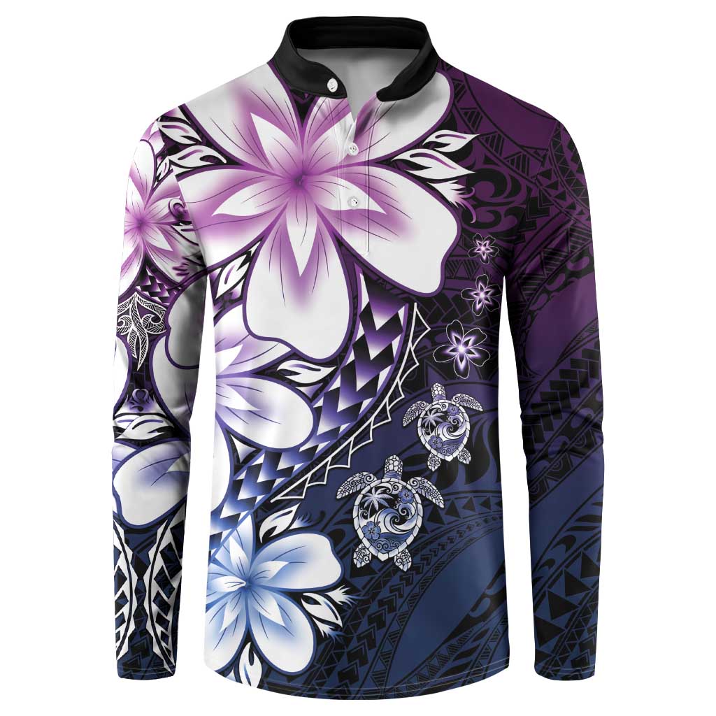 Polynesia Romantic Valentine Button Sweatshirt Sea Turtle Couple With Purple Gradient Plumeria