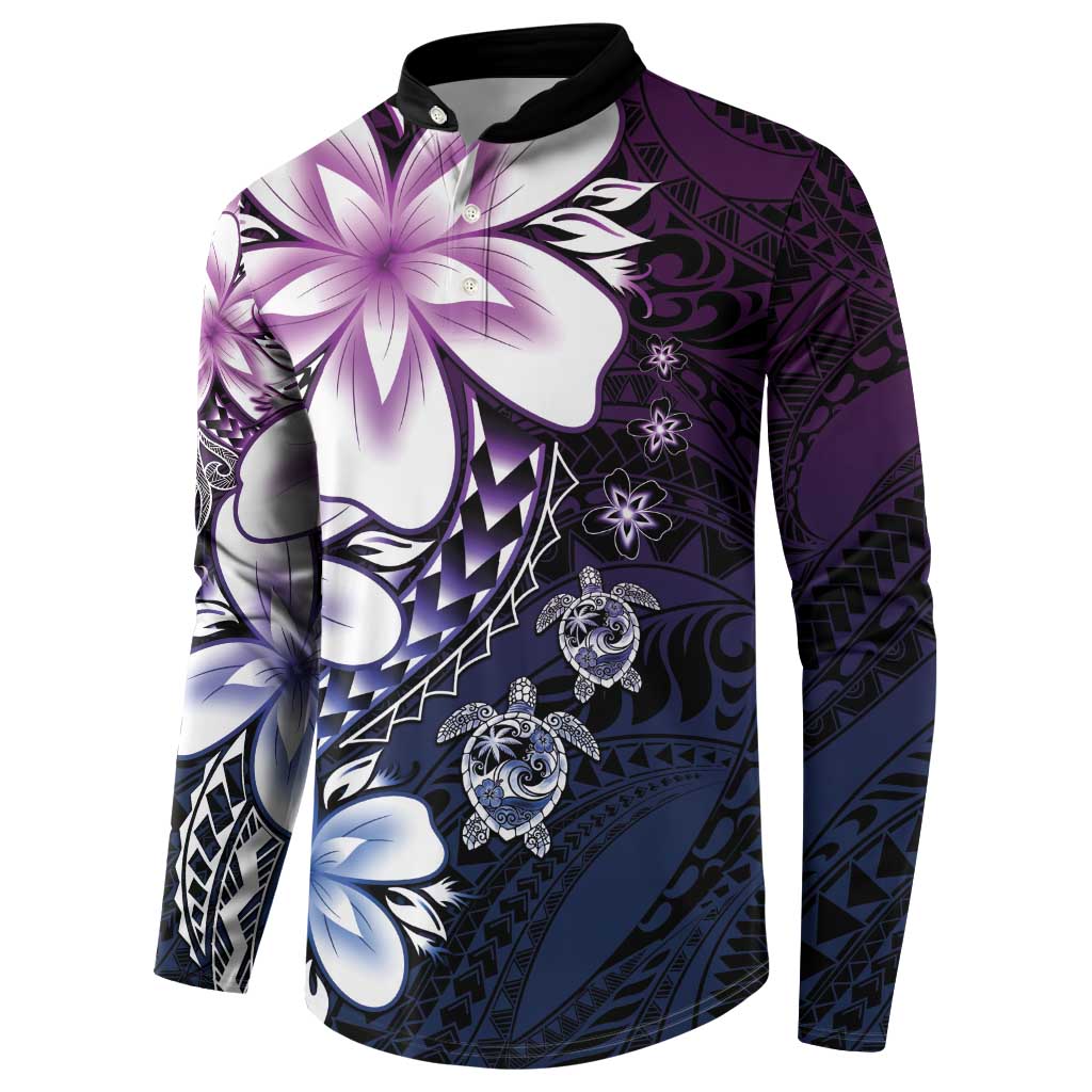Polynesia Romantic Valentine Button Sweatshirt Sea Turtle Couple With Purple Gradient Plumeria