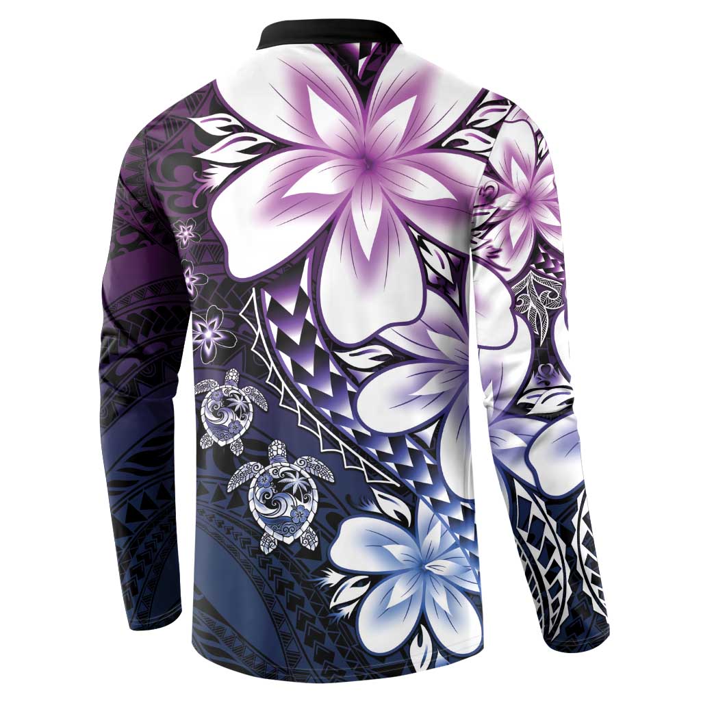 Polynesia Romantic Valentine Button Sweatshirt Sea Turtle Couple With Purple Gradient Plumeria