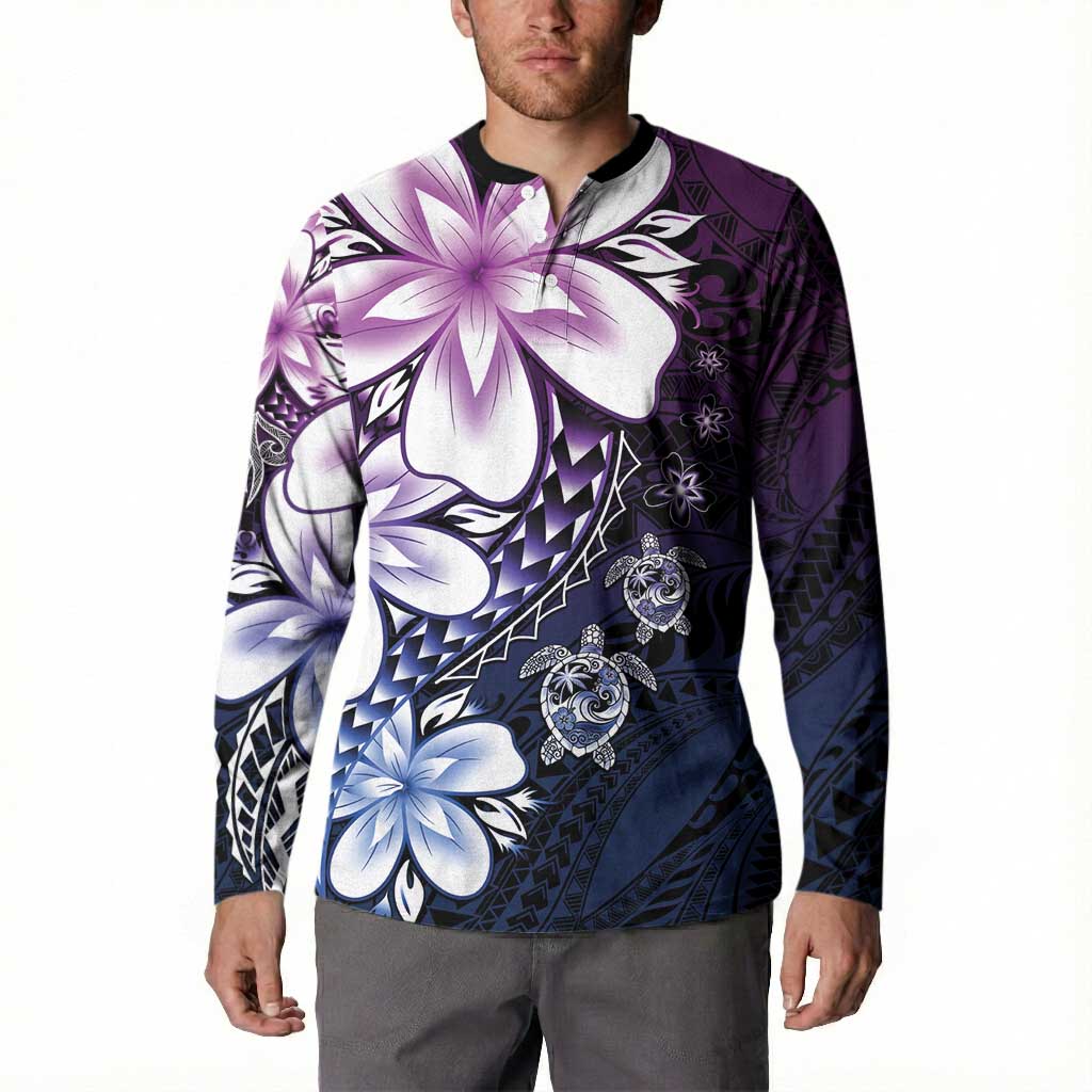 Polynesia Romantic Valentine Button Sweatshirt Sea Turtle Couple With Purple Gradient Plumeria