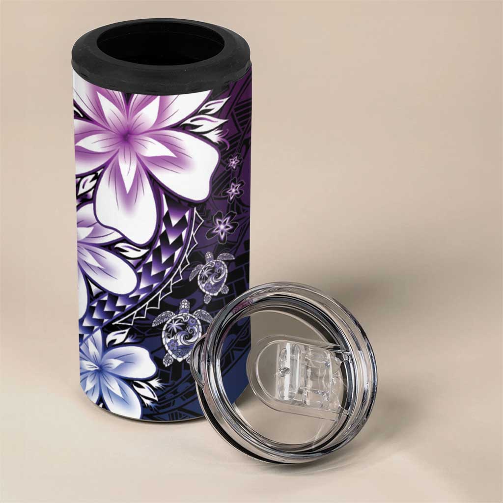 Polynesia Romantic Valentine 4 in 1 Can Cooler Tumbler Sea Turtle Couple With Purple Gradient Plumeria