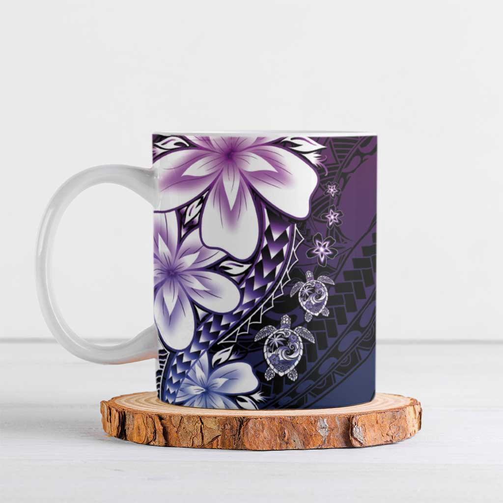 Polynesia Romantic Valentine Ceramic Mug Sea Turtle Couple With Purple Gradient Plumeria