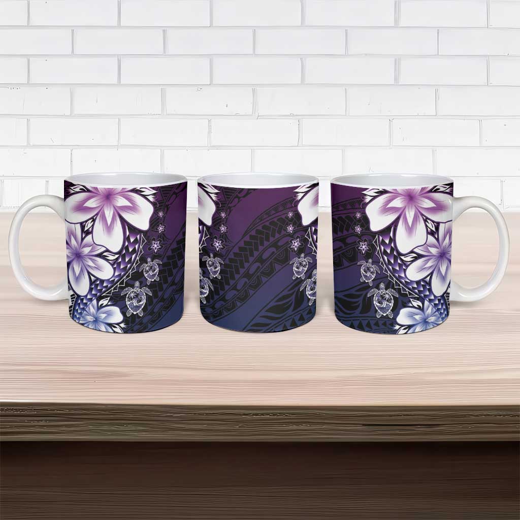 Polynesia Romantic Valentine Ceramic Mug Sea Turtle Couple With Purple Gradient Plumeria
