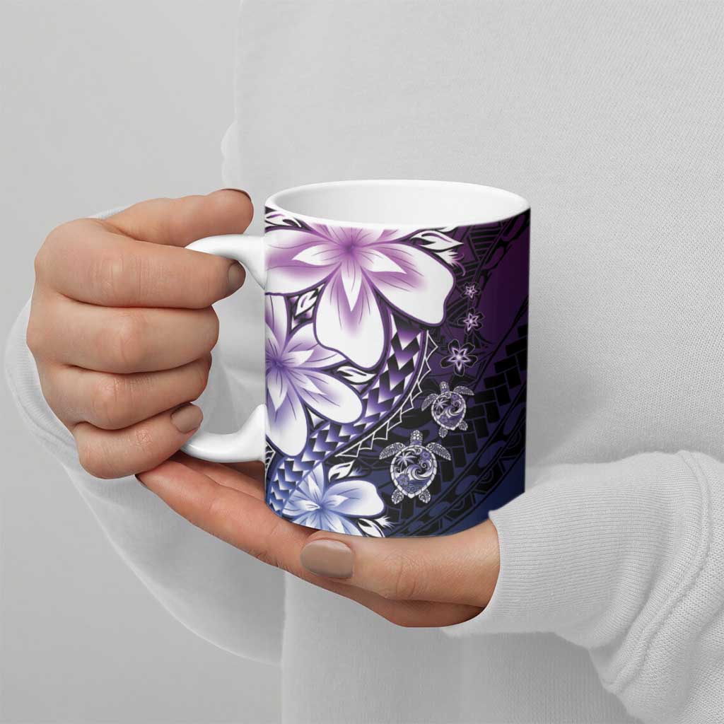 Polynesia Romantic Valentine Ceramic Mug Sea Turtle Couple With Purple Gradient Plumeria