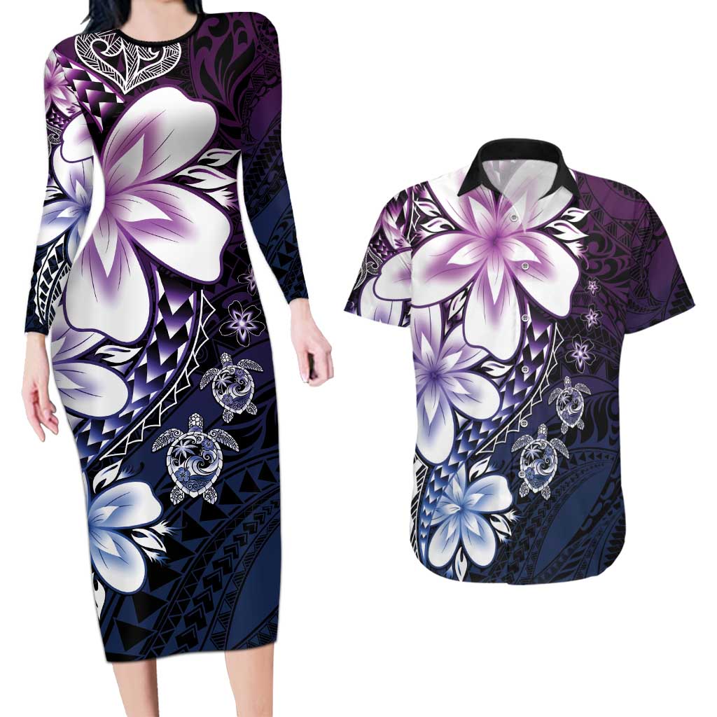 Polynesia Romantic Valentine Couples Matching Long Sleeve Bodycon Dress and Hawaiian Shirt Sea Turtle Couple With Purple Gradient Plumeria LT05 Purple - Polynesian Pride