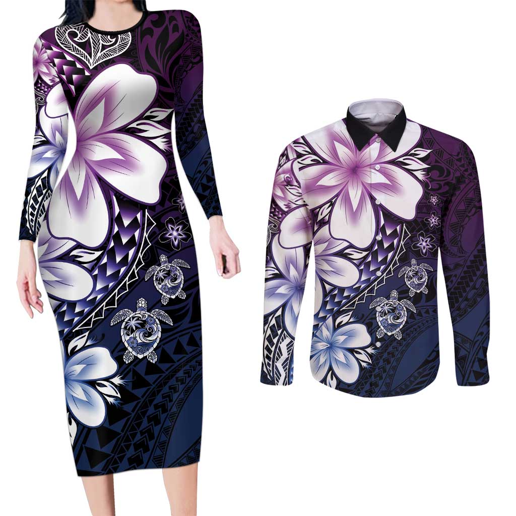 Polynesia Romantic Valentine Couples Matching Long Sleeve Bodycon Dress and Long Sleeve Button Shirt Sea Turtle Couple With Purple Gradient Plumeria LT05 Purple - Polynesian Pride
