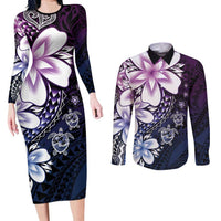 Polynesia Romantic Valentine Couples Matching Long Sleeve Bodycon Dress and Long Sleeve Button Shirt Sea Turtle Couple With Purple Gradient Plumeria LT05 Purple - Polynesian Pride