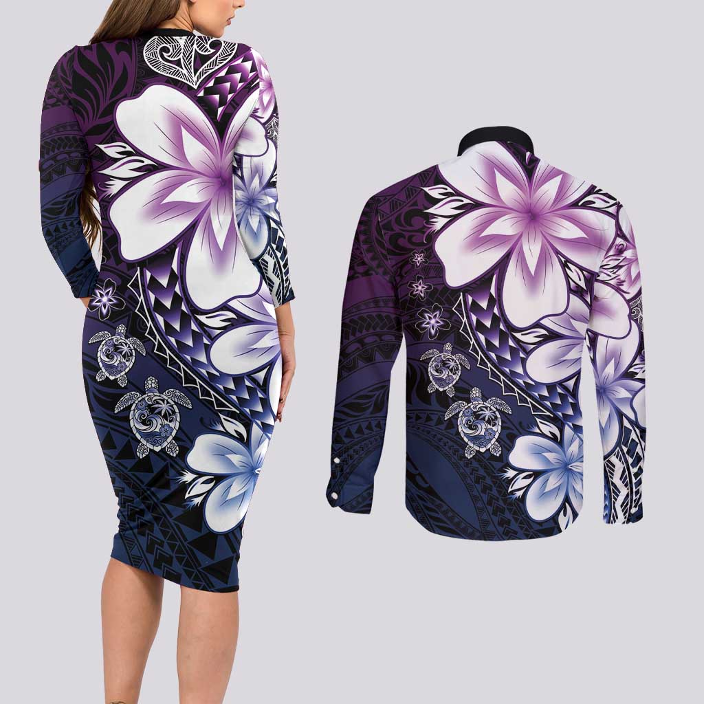 Polynesia Romantic Valentine Couples Matching Long Sleeve Bodycon Dress and Long Sleeve Button Shirt Sea Turtle Couple With Purple Gradient Plumeria LT05 - Polynesian Pride