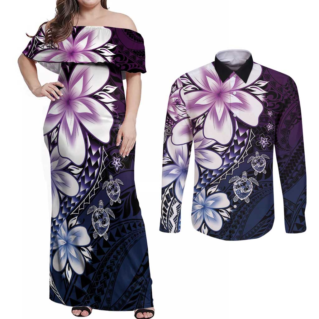 Polynesia Romantic Valentine Couples Matching Off Shoulder Maxi Dress and Long Sleeve Button Shirt Sea Turtle Couple With Purple Gradient Plumeria