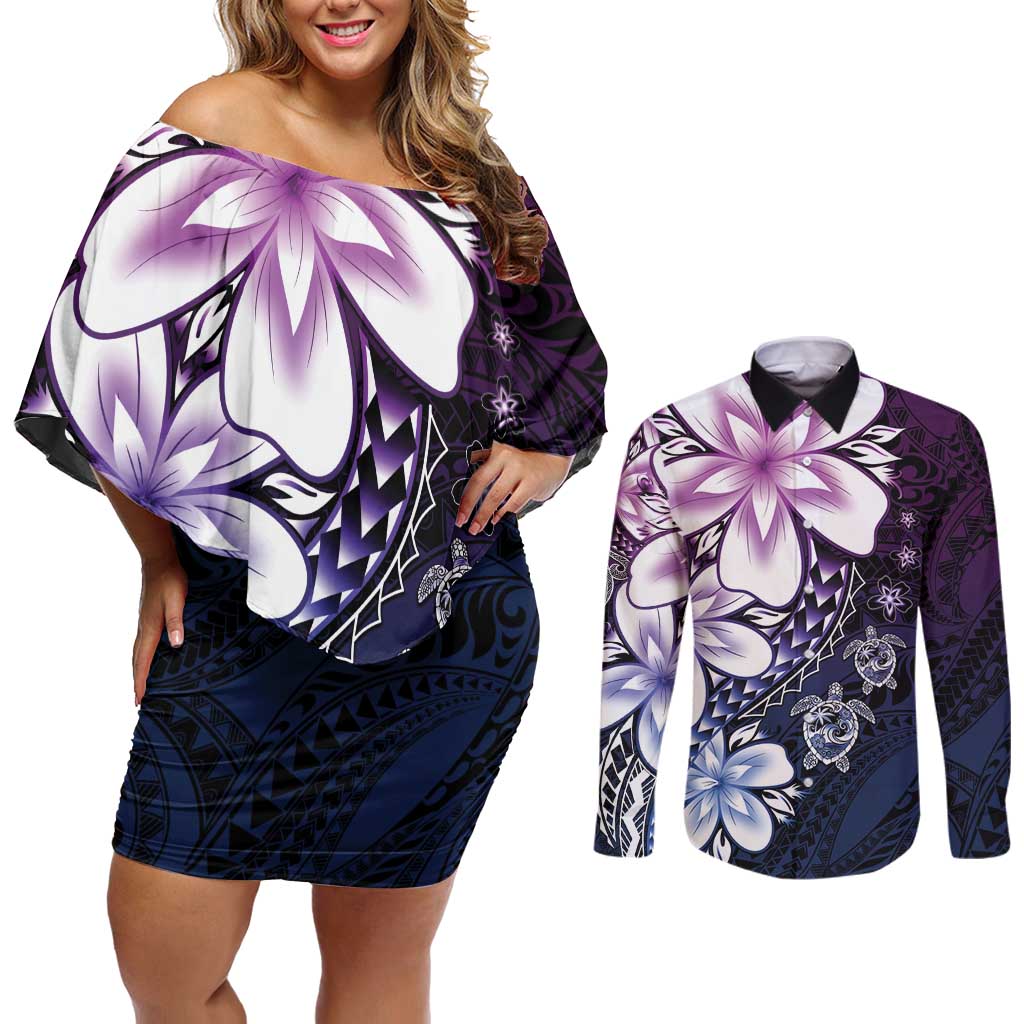 Polynesia Romantic Valentine Couples Matching Off Shoulder Short Dress and Long Sleeve Button Shirt Sea Turtle Couple With Purple Gradient Plumeria LT05 Purple - Polynesian Pride