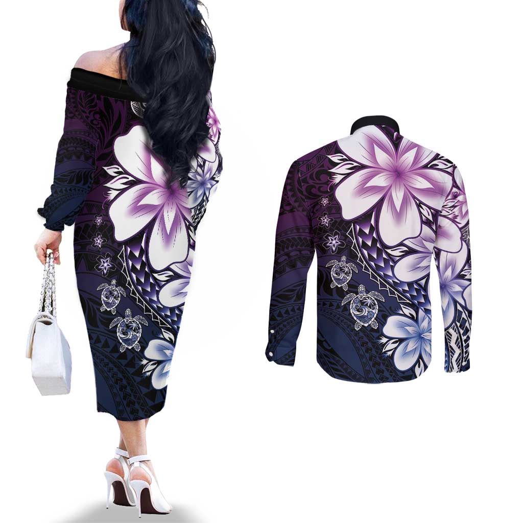 Polynesia Romantic Valentine Couples Matching Off The Shoulder Long Sleeve Dress and Long Sleeve Button Shirt Sea Turtle Couple With Purple Gradient Plumeria LT05 - Polynesian Pride