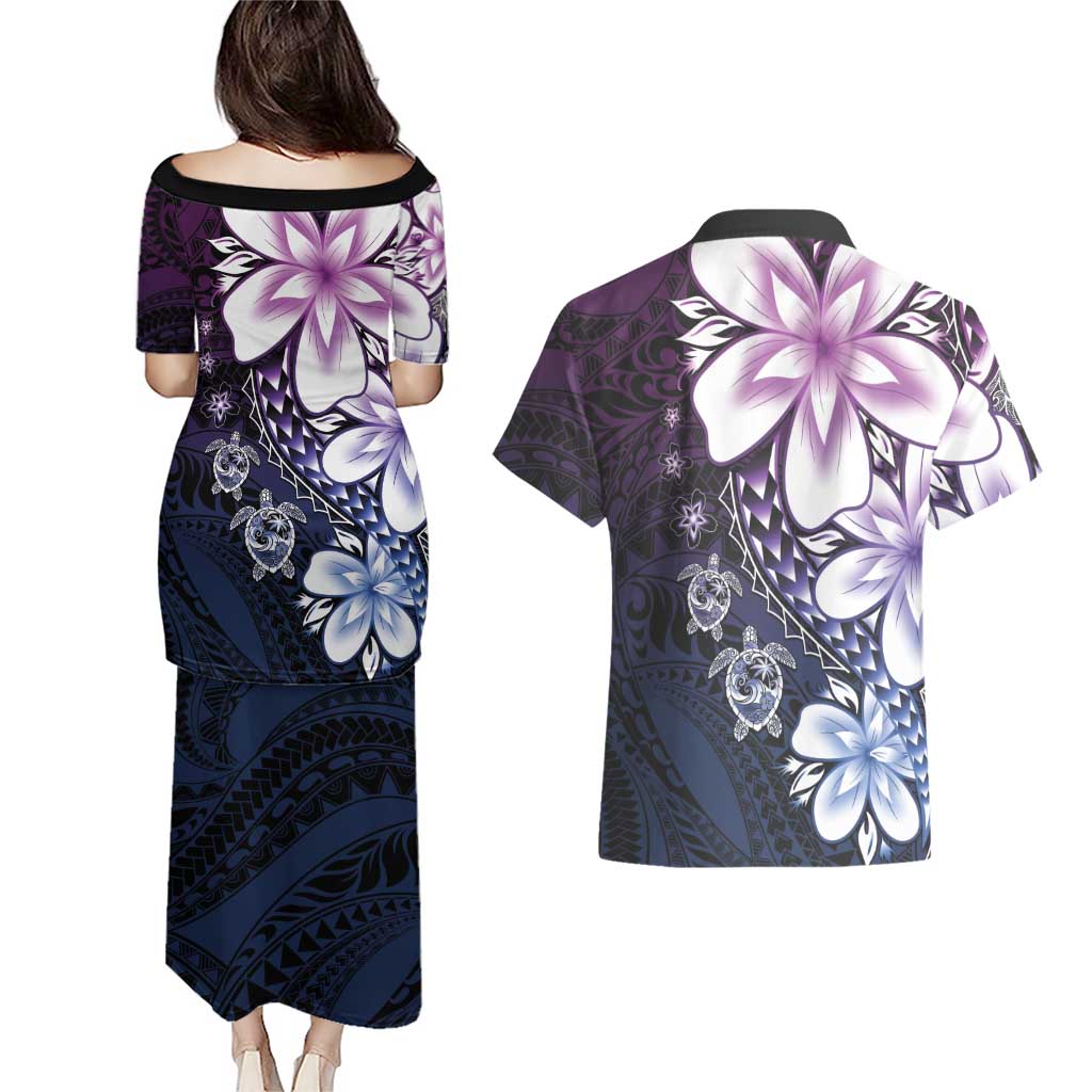 Polynesia Romantic Valentine Couples Matching Puletasi and Hawaiian Shirt Sea Turtle Couple With Purple Gradient Plumeria LT05 - Polynesian Pride