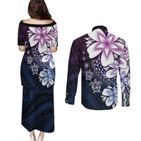 Polynesia Romantic Valentine Couples Matching Puletasi and Long Sleeve Button Shirt Sea Turtle Couple With Purple Gradient Plumeria