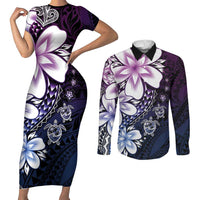 Polynesia Romantic Valentine Couples Matching Short Sleeve Bodycon Dress and Long Sleeve Button Shirt Sea Turtle Couple With Purple Gradient Plumeria LT05 Purple - Polynesian Pride