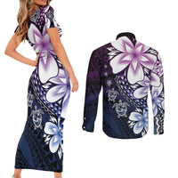 Polynesia Romantic Valentine Couples Matching Short Sleeve Bodycon Dress and Long Sleeve Button Shirt Sea Turtle Couple With Purple Gradient Plumeria LT05 - Polynesian Pride