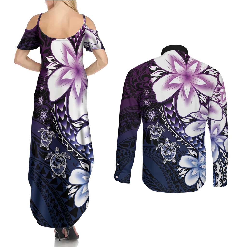 Polynesia Romantic Valentine Couples Matching Summer Maxi Dress and Long Sleeve Button Shirt Sea Turtle Couple With Purple Gradient Plumeria LT05 - Polynesian Pride