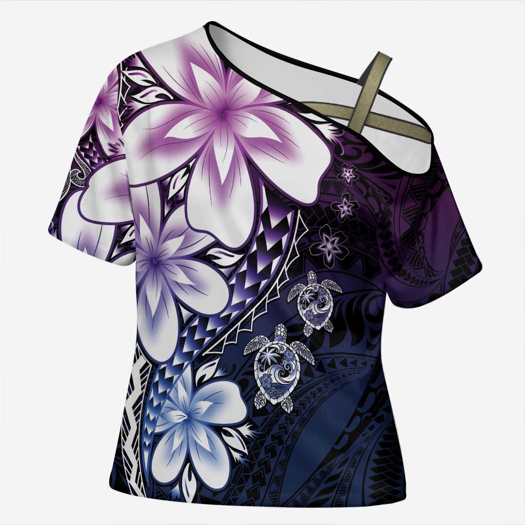 Polynesia Romantic Valentine Cross Shoulder Shirt Sea Turtle Couple With Purple Gradient Plumeria LT05 Female Purple - Polynesian Pride