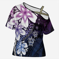 Polynesia Romantic Valentine Cross Shoulder Shirt Sea Turtle Couple With Purple Gradient Plumeria LT05 Female Purple - Polynesian Pride