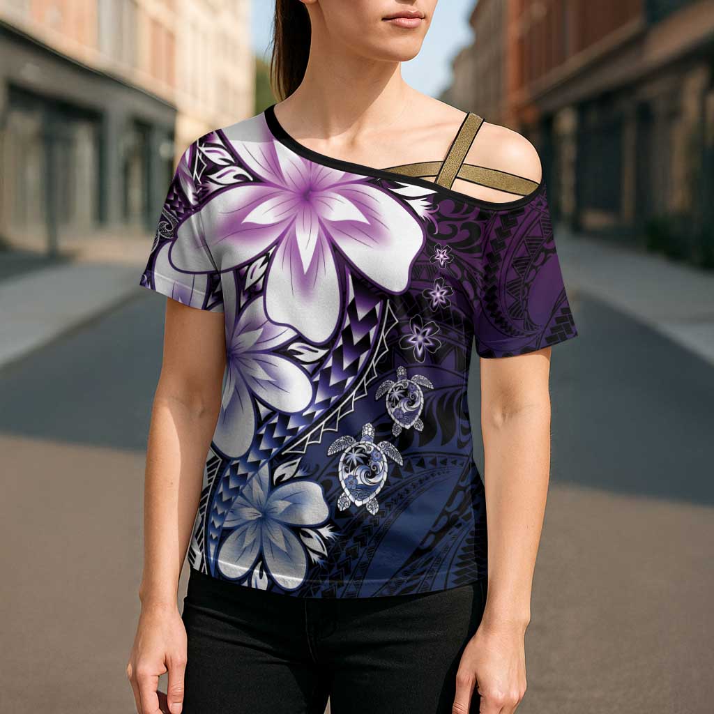 Polynesia Romantic Valentine Cross Shoulder Shirt Sea Turtle Couple With Purple Gradient Plumeria LT05 - Polynesian Pride