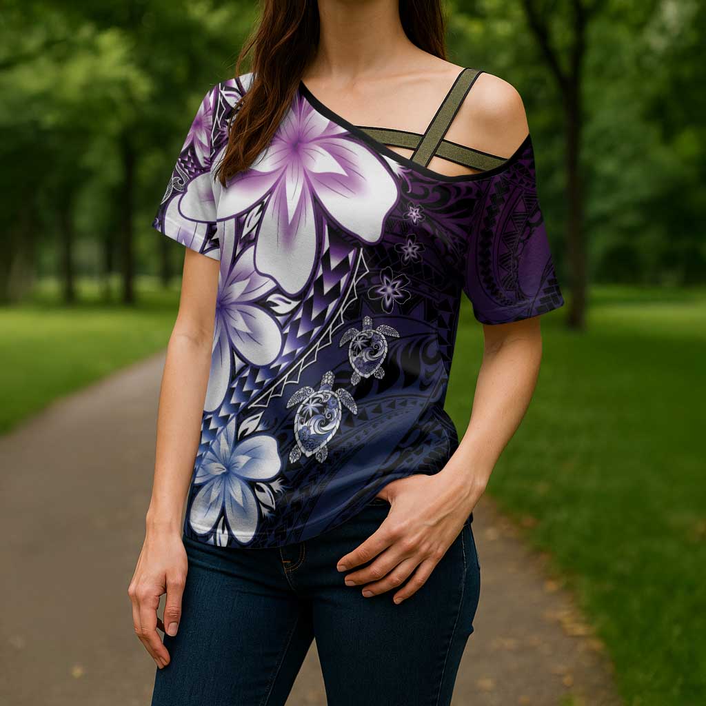 Polynesia Romantic Valentine Cross Shoulder Shirt Sea Turtle Couple With Purple Gradient Plumeria LT05 - Polynesian Pride