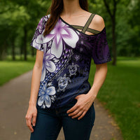 Polynesia Romantic Valentine Cross Shoulder Shirt Sea Turtle Couple With Purple Gradient Plumeria LT05 - Polynesian Pride