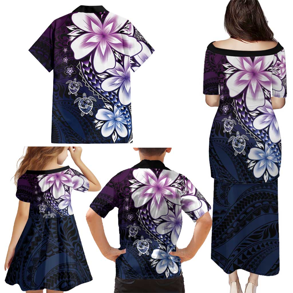 Polynesia Romantic Valentine Family Matching Puletasi and Hawaiian Shirt Sea Turtle Couple With Purple Gradient Plumeria LT05 - Polynesian Pride