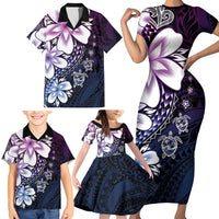 Polynesia Romantic Valentine Family Matching Short Sleeve Bodycon Dress and Hawaiian Shirt Sea Turtle Couple With Purple Gradient Plumeria LT05 - Polynesian Pride
