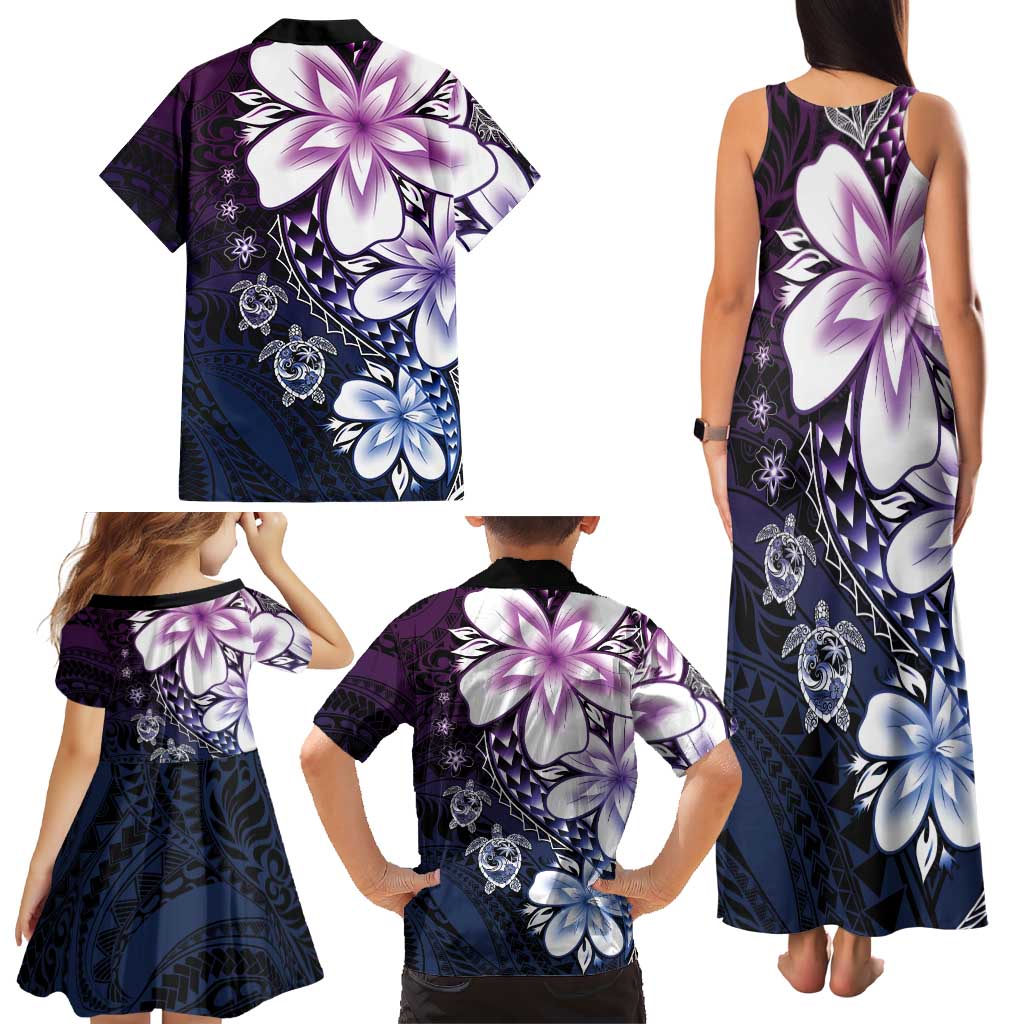 Polynesia Romantic Valentine Family Matching Tank Maxi Dress and Hawaiian Shirt Sea Turtle Couple With Purple Gradient Plumeria