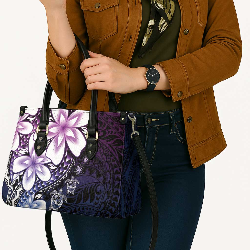 Polynesia Romantic Valentine Leather Bag Sea Turtle Couple With Purple Gradient Plumeria