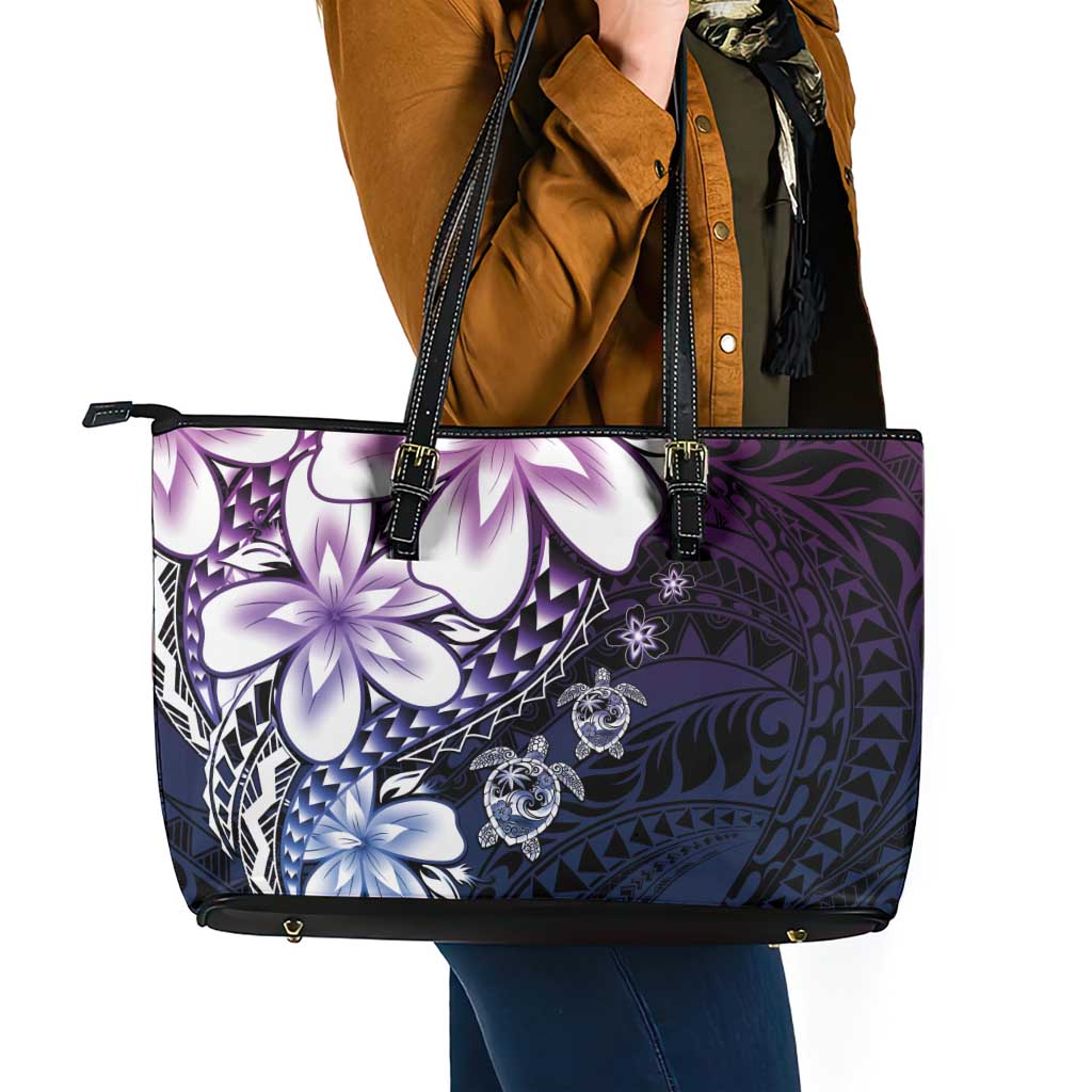 Polynesia Romantic Valentine Leather Tote Bag Sea Turtle Couple With Purple Gradient Plumeria LT05 - Polynesian Pride