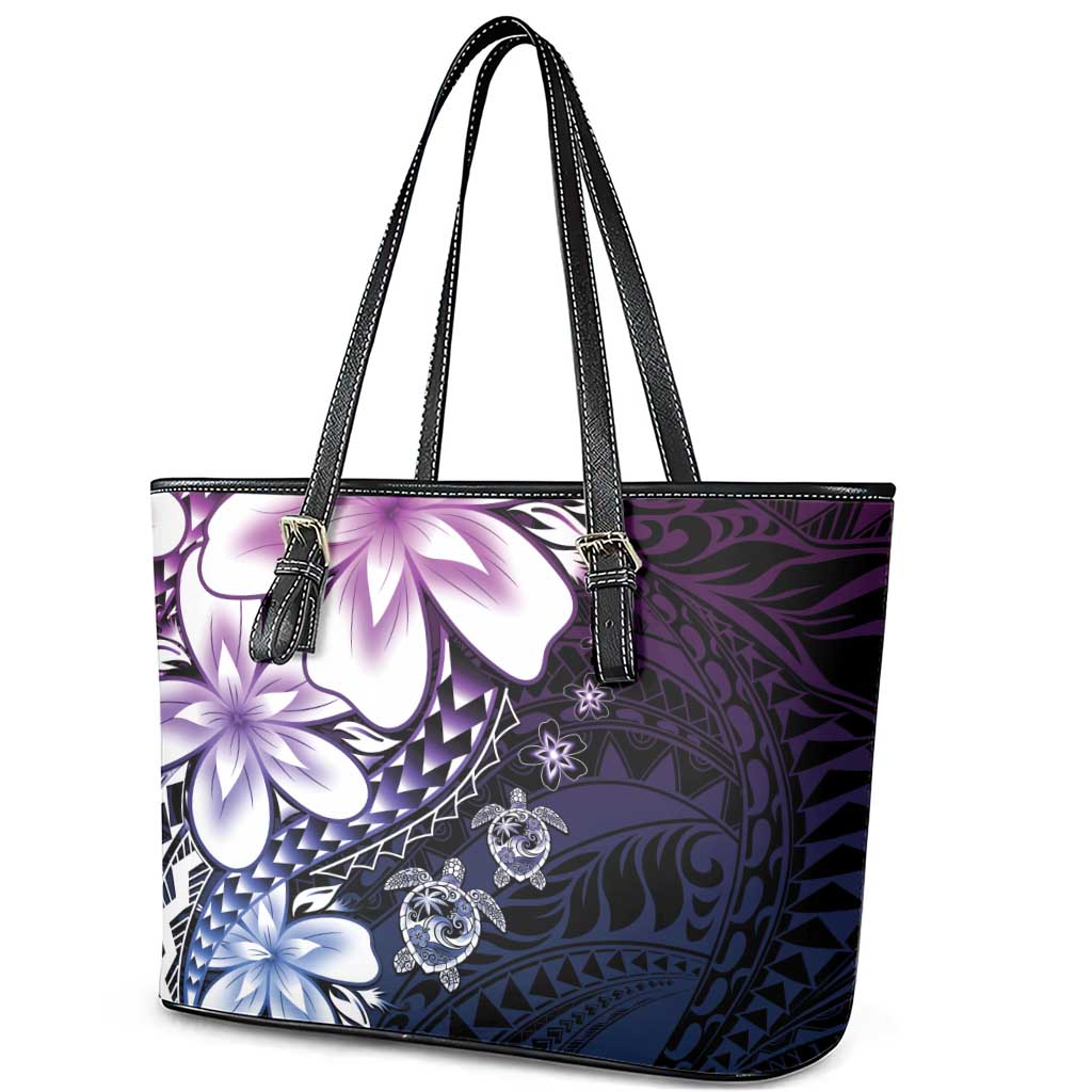 Polynesia Romantic Valentine Leather Tote Bag Sea Turtle Couple With Purple Gradient Plumeria LT05 - Polynesian Pride