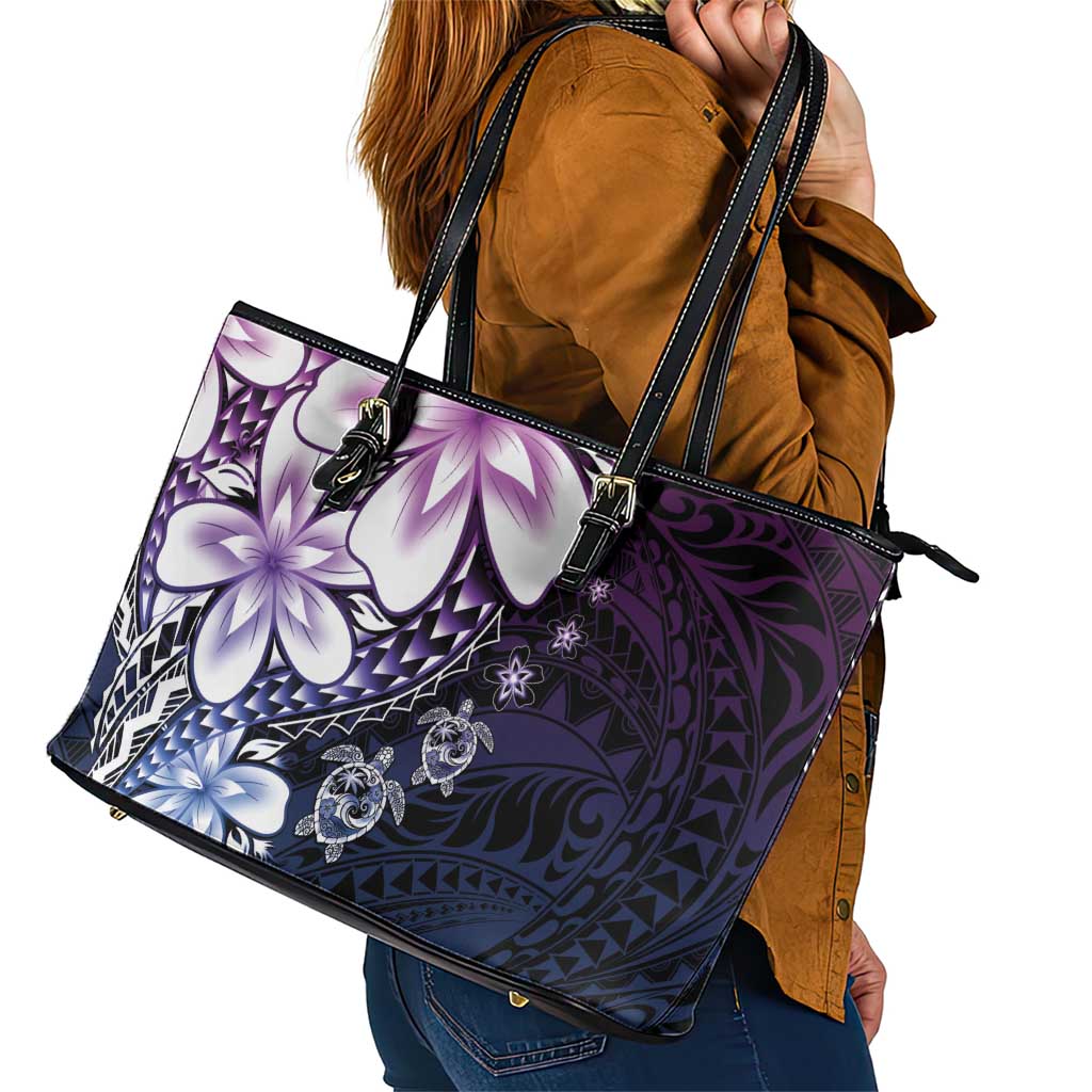 Polynesia Romantic Valentine Leather Tote Bag Sea Turtle Couple With Purple Gradient Plumeria LT05 - Polynesian Pride