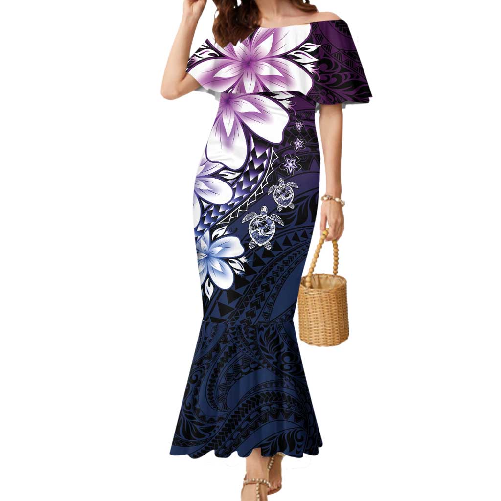 Polynesia Romantic Valentine Mermaid Dress Sea Turtle Couple With Purple Gradient Plumeria