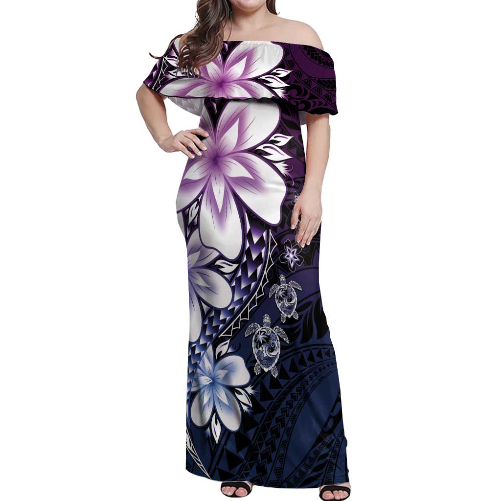 Polynesia Romantic Valentine Off Shoulder Maxi Dress Sea Turtle Couple With Purple Gradient Plumeria