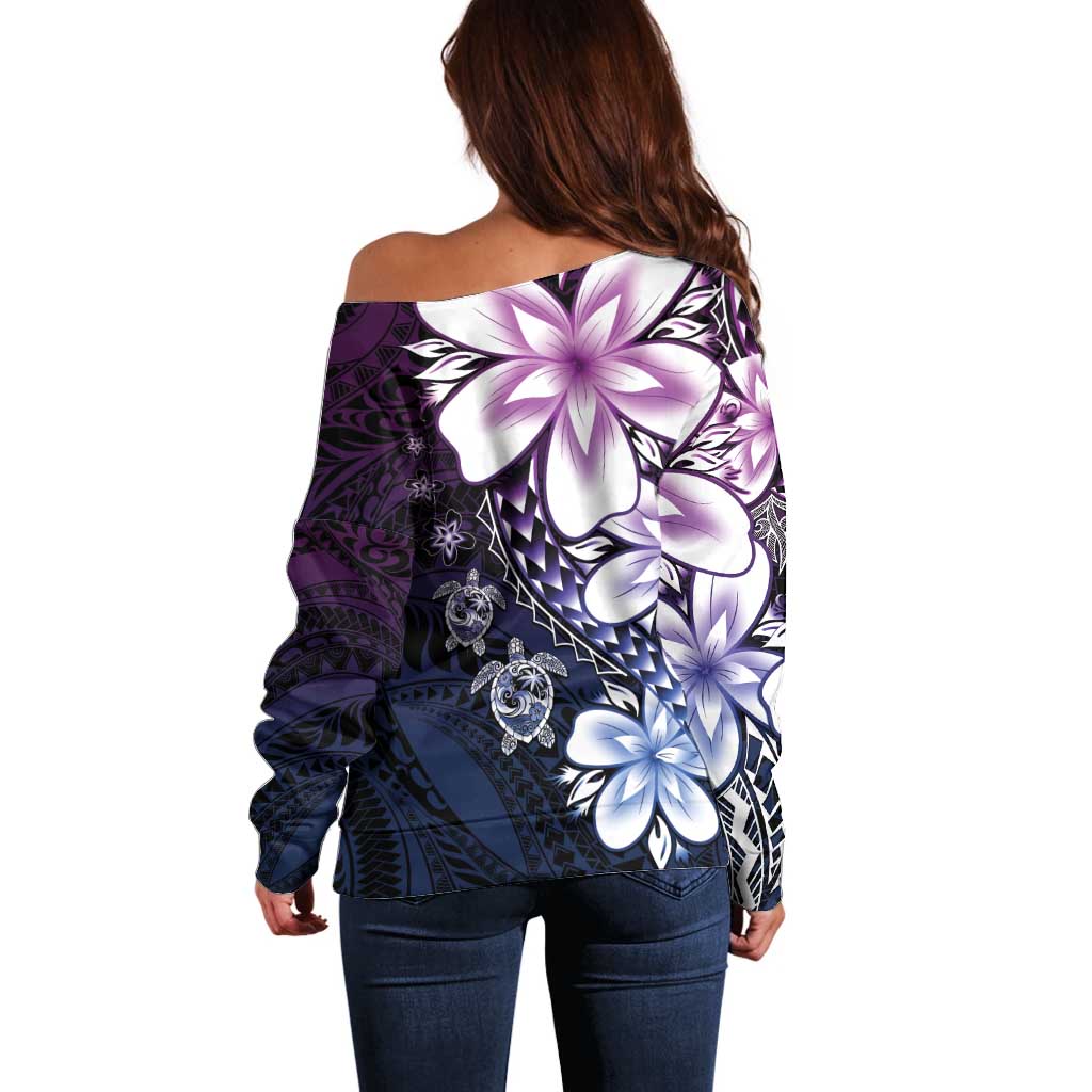 Polynesia Romantic Valentine Off Shoulder Sweater Sea Turtle Couple With Purple Gradient Plumeria