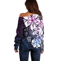 Polynesia Romantic Valentine Off Shoulder Sweater Sea Turtle Couple With Purple Gradient Plumeria