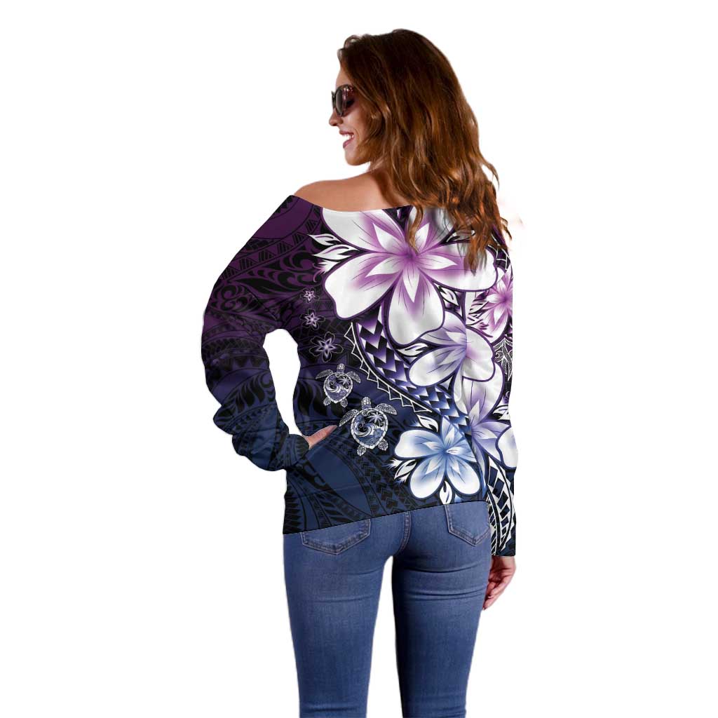 Polynesia Romantic Valentine Off Shoulder Sweater Sea Turtle Couple With Purple Gradient Plumeria