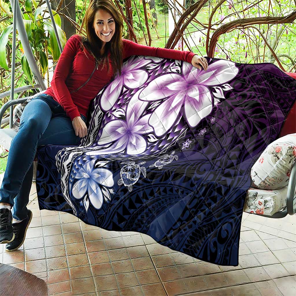 Polynesia Romantic Valentine Quilt Sea Turtle Couple With Purple Gradient Plumeria