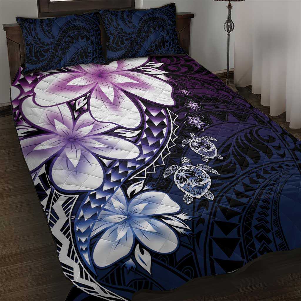 Polynesia Romantic Valentine Quilt Bed Set Sea Turtle Couple With Purple Gradient Plumeria