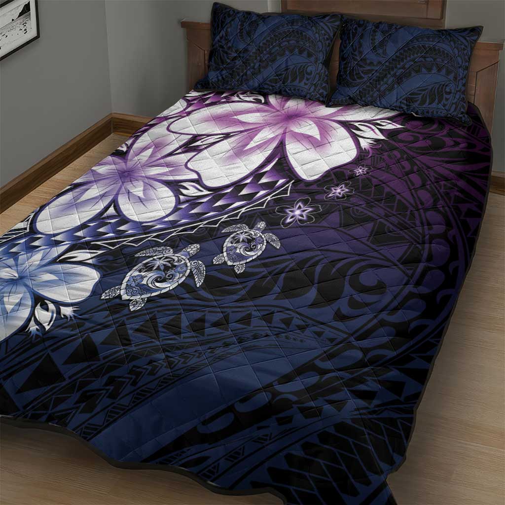 Polynesia Romantic Valentine Quilt Bed Set Sea Turtle Couple With Purple Gradient Plumeria