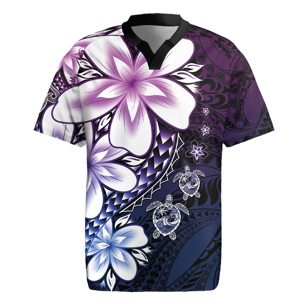 Polynesia Romantic Valentine Rugby Jersey Sea Turtle Couple With Purple Gradient Plumeria