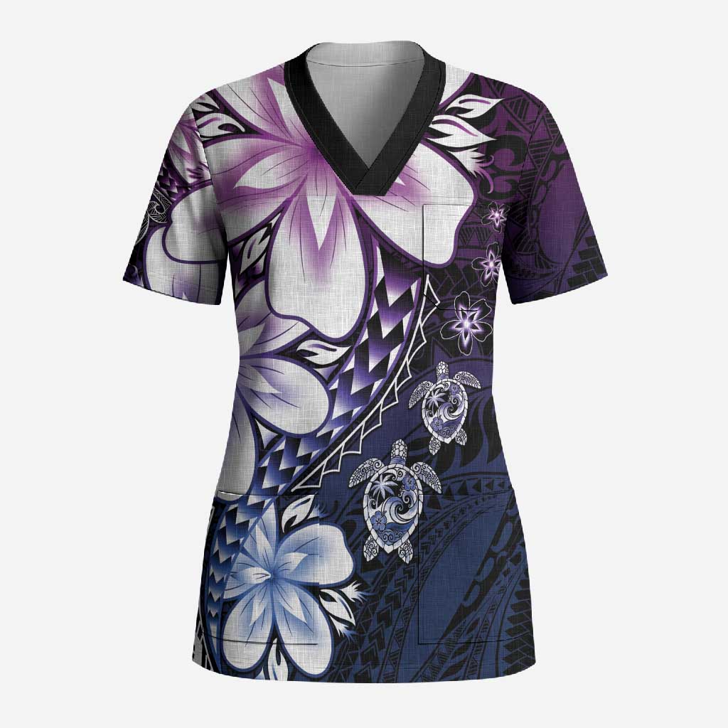 Polynesia Romantic Valentine Scrub Top Sea Turtle Couple With Purple Gradient Plumeria