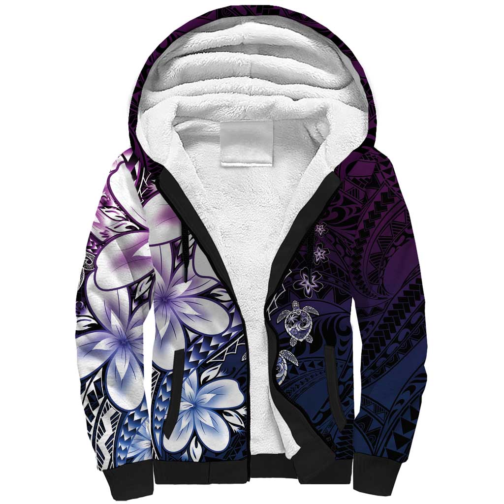 Polynesia Romantic Valentine Sherpa Hoodie Sea Turtle Couple With Purple Gradient Plumeria