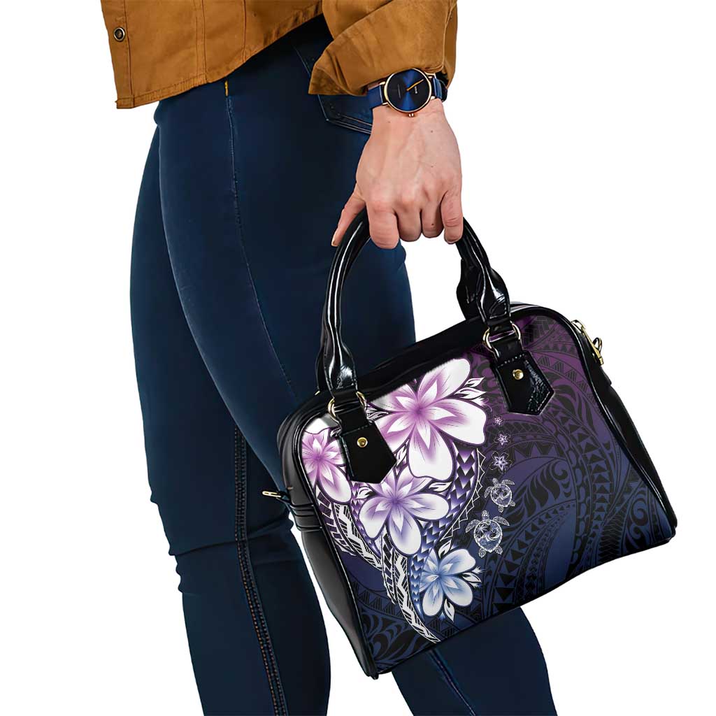 Polynesia Romantic Valentine Shoulder Handbag Sea Turtle Couple With Purple Gradient Plumeria