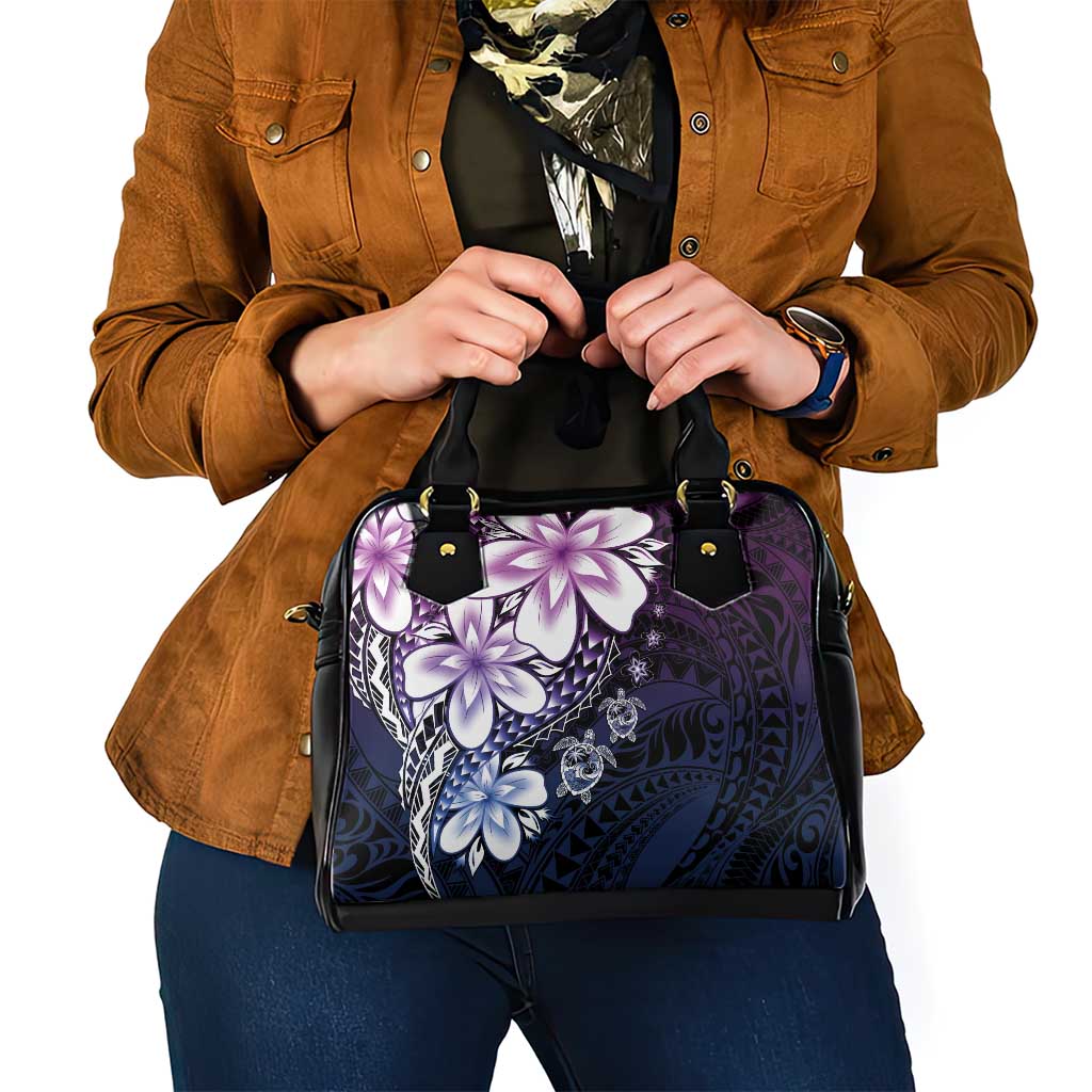 Polynesia Romantic Valentine Shoulder Handbag Sea Turtle Couple With Purple Gradient Plumeria