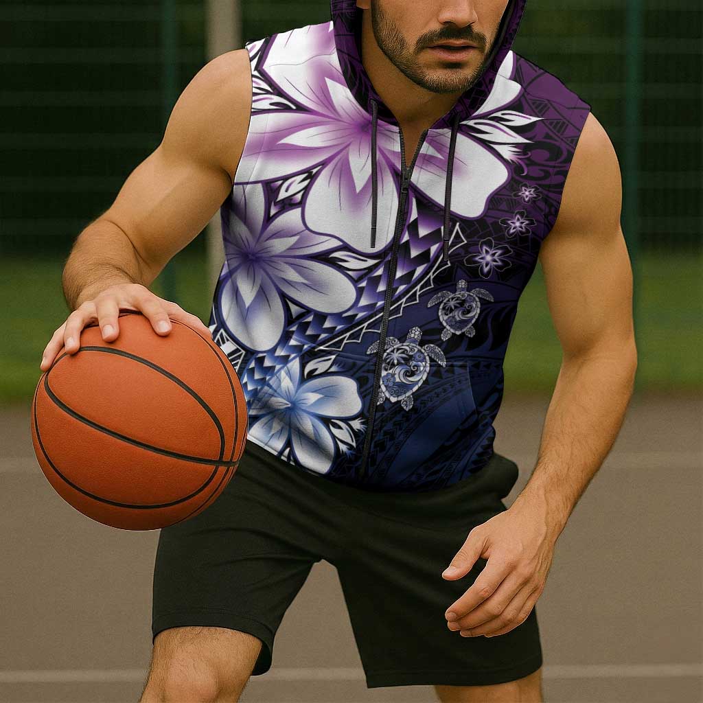 Polynesia Romantic Valentine Sleeveless Zip Hoodie Sea Turtle Couple With Purple Gradient Plumeria
