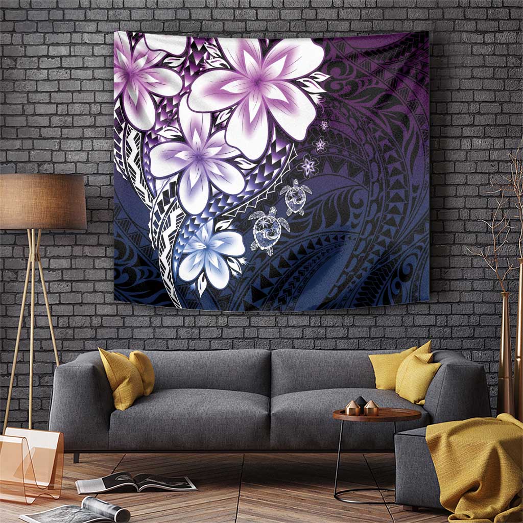Polynesia Romantic Valentine Tapestry Sea Turtle Couple With Purple Gradient Plumeria